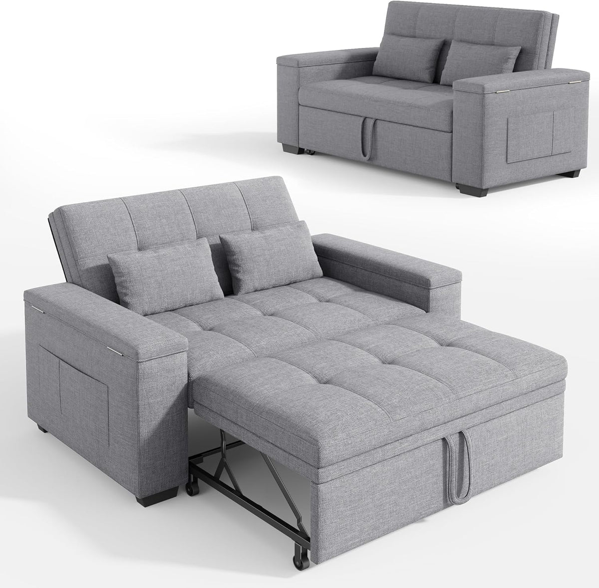 Sofá cama 3 en 1 Xbro, sofá de 2 plazas con función de cama, respaldo ajustable, tejido de lino con 2 cojines y bolsillos laterales, para salón, dormitorio u oficina, gris claro