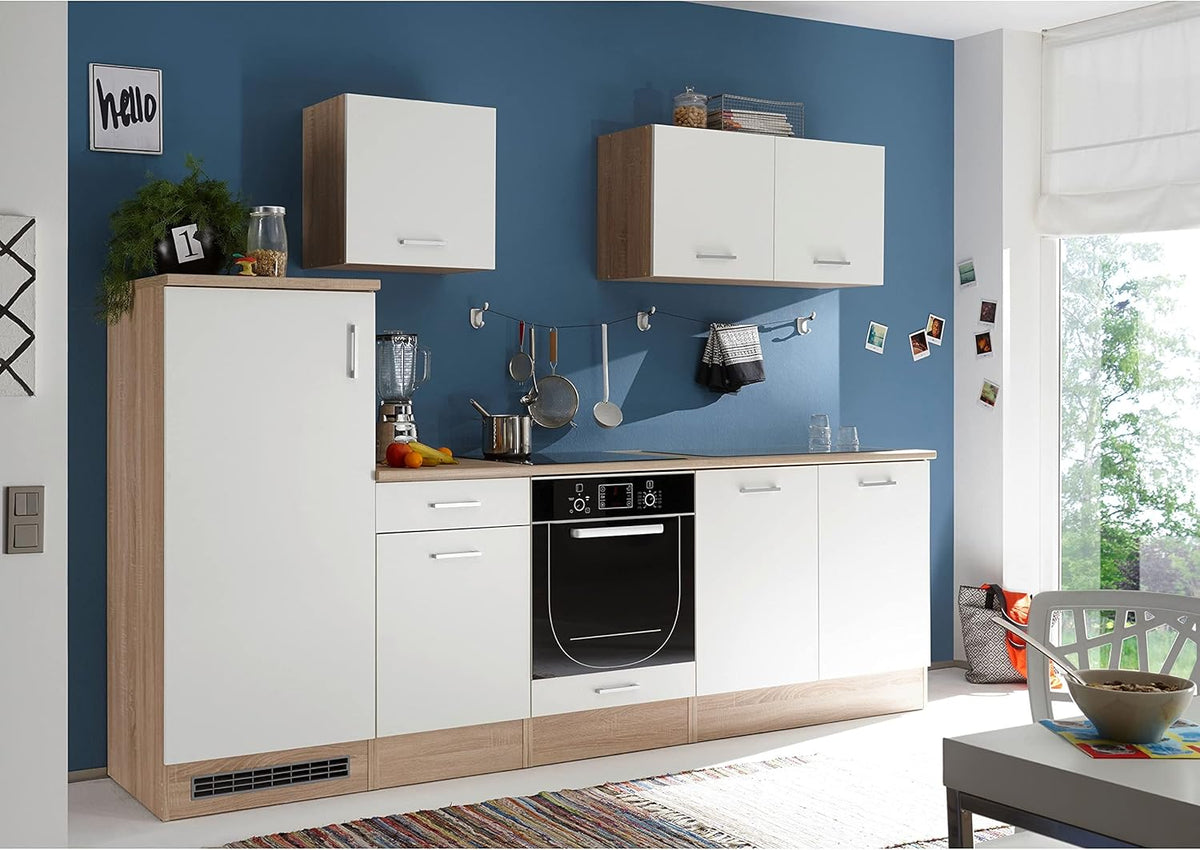 Cocina lineal moderna Stella Trading sin electrodomésticos en aspecto roble Sonoma, blanco mate - Cocina equipada espaciosa con mucho espacio de almacenamiento - 280 x 195 x 60 cm (ancho/alto/fondo)