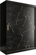 Armario de puertas correderas KRYSPOL Marmur T de 150 cm con barra para ropa y estante, armario para dormitorio o salón, diseño moderno (negro mate + mármol negro, cajones: 0)