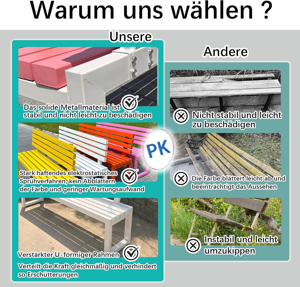 Gartenbank,Wetterfest Outdoor Bank Sitzbank,Metall Stahl Bank, Metallbank Garten,100/120/150/cm,Mit Rückenlehne,Tragkraft bis 200kg, for Terrasse Park Rasen Hof,2-4 Sitzer 150×40×85cm-Rot