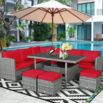 Conjunto de muebles de comedor para patio de 7 piezas de ratán con sofá seccional, mesa de comedor, otomanas y cojines