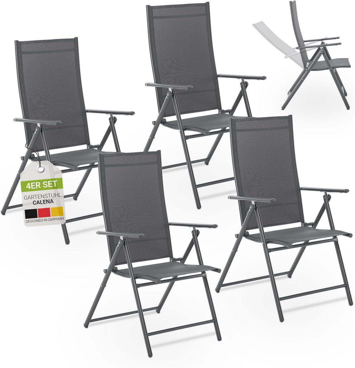 Juskys Gartenstuhl Calena 4er Set Anthrazit - 7-Fach verstellbar & klappbar - pulverbeschichteter Stahl, atmungsaktiv