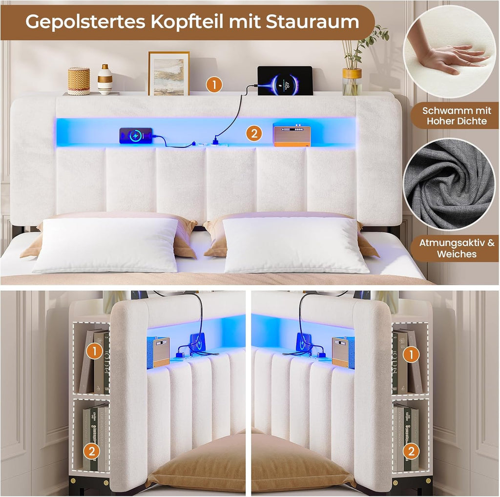 Cama tapizada AOGLLATI 140x200 con almacenamiento, cama hidráulica con iluminación LED y estación de carga, cama juvenil, cama doble, estructura de cama con cabecero de terciopelo - Sin colchón (terciopelo beige, 140x200 cm)