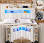 Cama tapizada AOGLLATI 140x200 con almacenamiento, cama hidráulica con iluminación LED y estación de carga, cama juvenil, cama doble, estructura de cama con cabecero de terciopelo - Sin colchón (terciopelo beige, 140x200 cm)