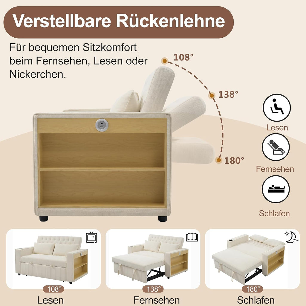 Sofá cama multifuncional 3 en 1 Merax con almacenamiento, USB y portavasos – Sofá cama de 2 plazas moderno y extensible para salón y habitación de invitados
