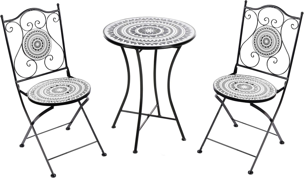 Set de balcón Beliani de 3 piezas de hierro, mesa de mosaico blanco/negro con 2 sillas plegables Comiso