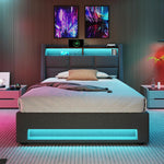 Cama tapizada Kayan 90x200cm, cama individual con almacenamiento y somier, cabecero LED con función de carga USB, cama con almacenamiento, cama funcional, respaldo, estructura de cama, lino (Gris, 90x200cm)