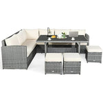 Conjunto de muebles de comedor para patio de 7 piezas de ratán con sofá seccional, mesa de comedor, otomanas y cojines