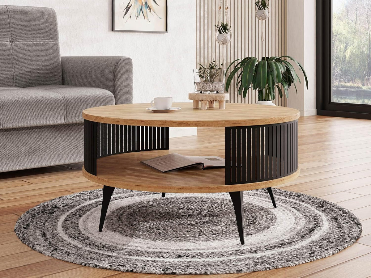Mirjan24 Couchtisch mit Ablage Rajkon, Runde Form, Metallbeine, Kaffeetisch, Wohnzimmertische, Beistelltisch, Sofatisch, Teetisch (Eiche Craft Gold, Schwarz)