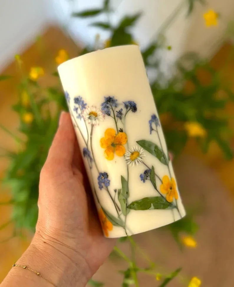 Vela de soja con estampado floral, vela aromática, 14 cm x 7 cm, 45–50 horas de duración
