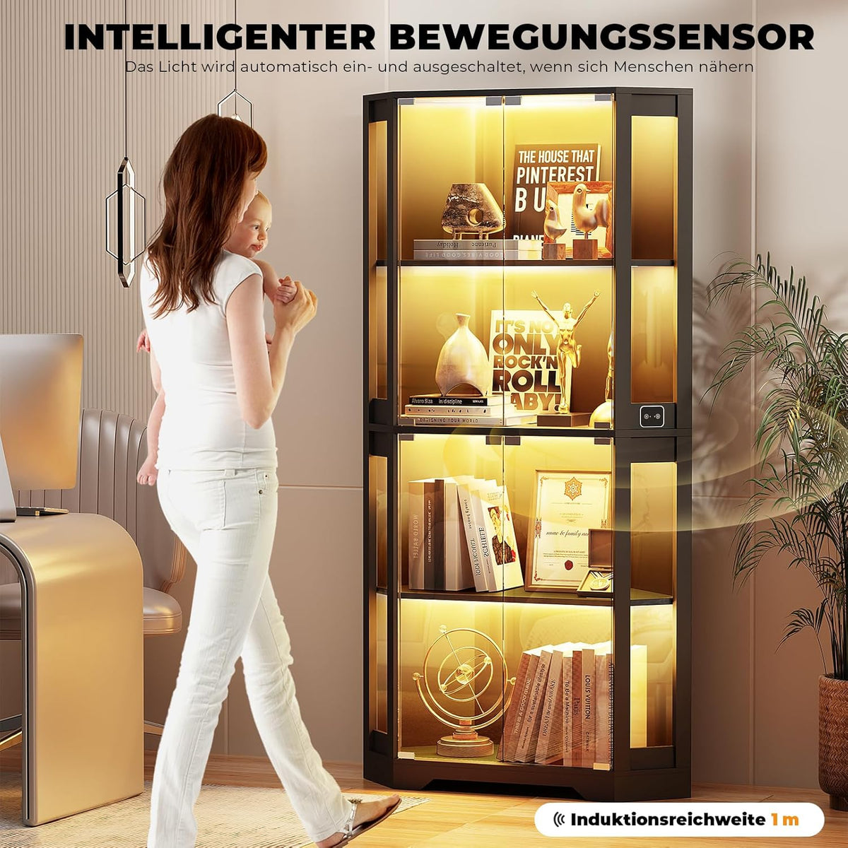 Vitrina esquinera BROTTAR con puertas de cristal, estantería esquinera alta de 165 cm con iluminación LED de 3 colores, armario expositor de 4 niveles con sensor inteligente para salón, dormitorio u oficina, negro