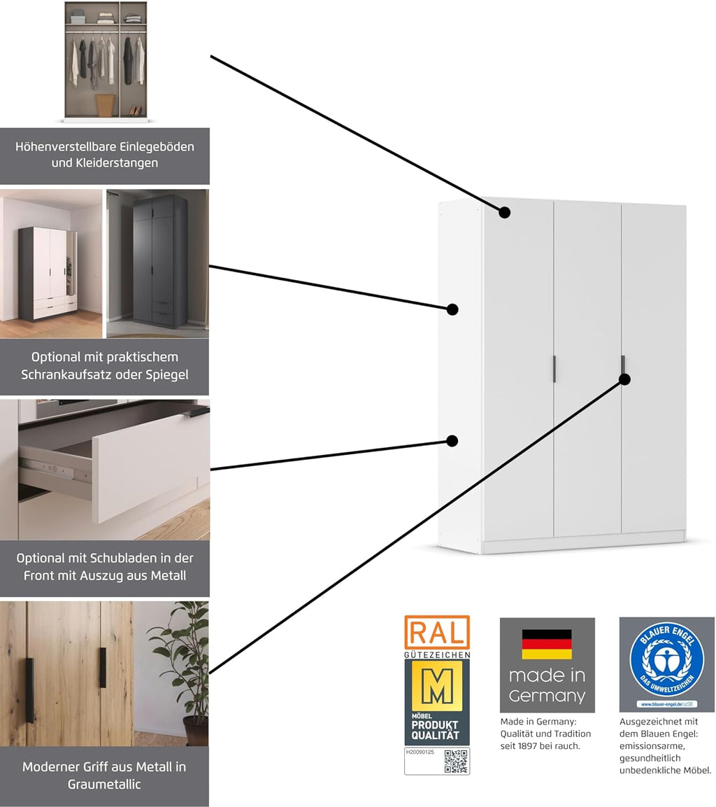 Rauch Möbel Lagoa, Kleiderschrank, Garderobe für Schlafzimmer, Kinderzimmer, Jugendzimmer 3-türig mit Spiegel, 2 Schubladen, mit Zubehör Basic, Farbe Weiß, Breite 136 cm