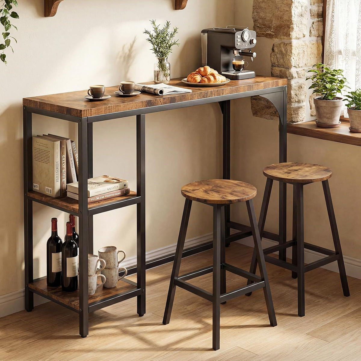 Juego de mesa de bar y taburetes HOKEEPER para 2 personas, barra de cocina, juego de mesa de pub, sala de estar, comedor (retro)