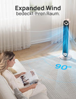DREO 25dB Ventilador de torre inteligente y silencioso con refrigeración, ventilador de torre WiFi de 106cm compatible con Alexa, oscilación de 90°, control remoto, 9 velocidades, 4 modos, temporizador de 12 horas, control por voz, luz estelar