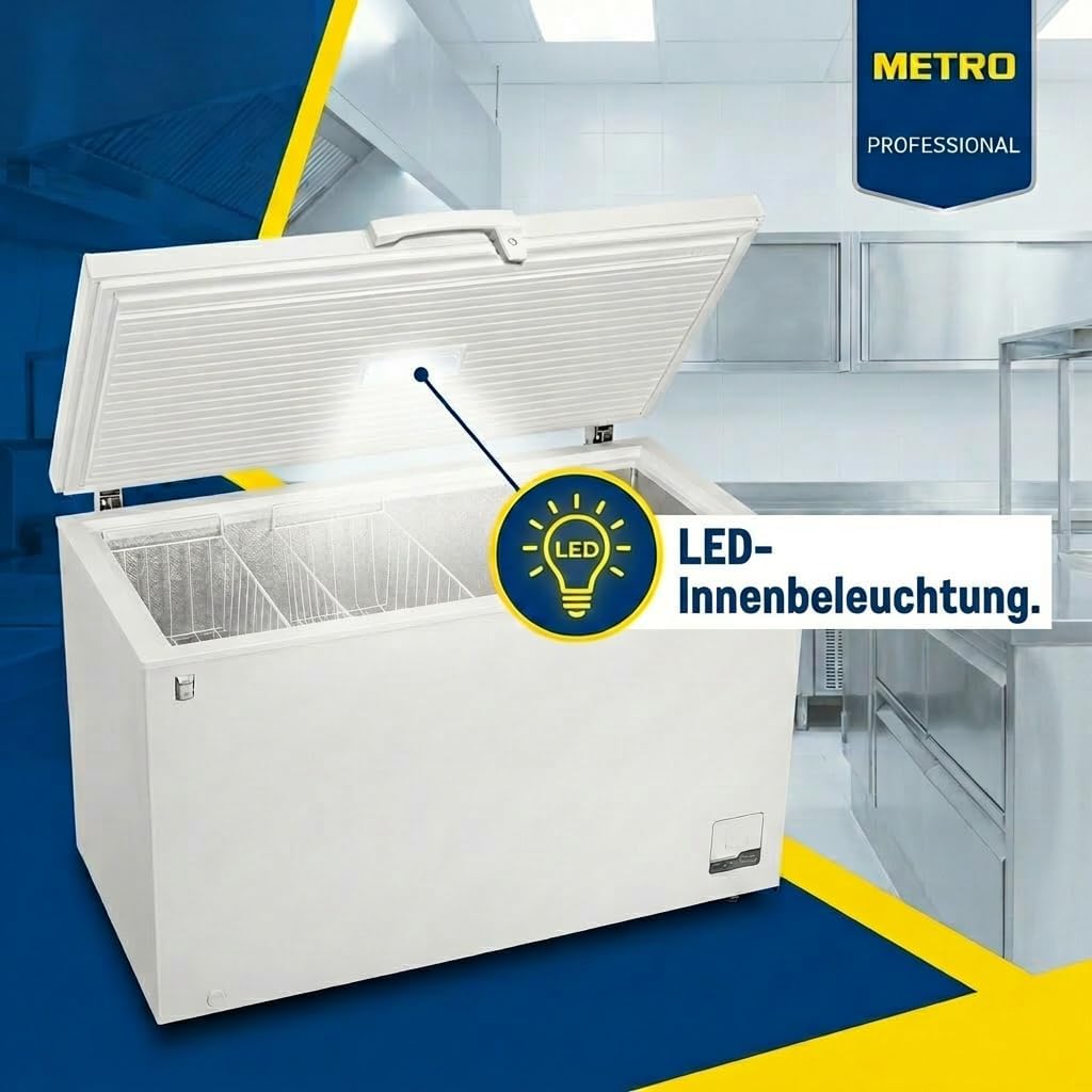 METRO Professional Arcón congelador GHF2500, 500 L, 125 W, congelador horizontal, 2 cestas de almacenamiento, cerradura de puerta, alarma de temperatura, ruedas, blanco