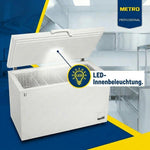 METRO Professional Arcón congelador GHF2500, 500 L, 125 W, congelador horizontal, 2 cestas de almacenamiento, cerradura de puerta, alarma de temperatura, ruedas, blanco